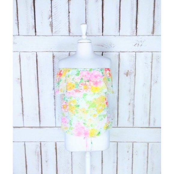 90s sheer yellow floral off the shoulder Tommy Jeans top - Picture 1 of 5
